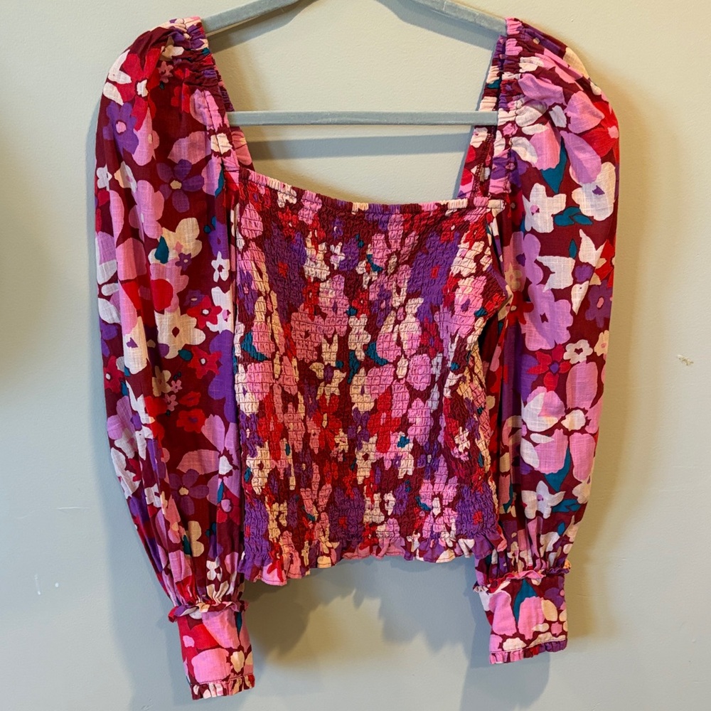 Free people Pink Floral Smocked Square-Neck Top